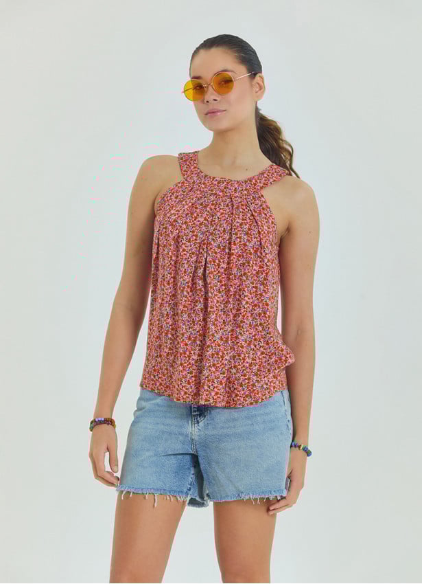 Halter Neck Button Detail Pleated Pink Floral Blouse 4675